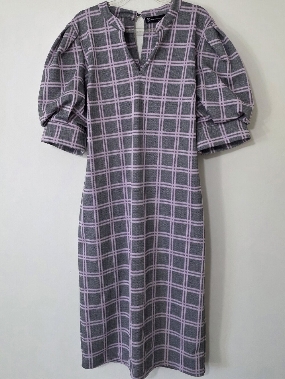 New York & Co Gray & Lilac Grid Midi Dress Modern Preppy Statement Sleeves XL